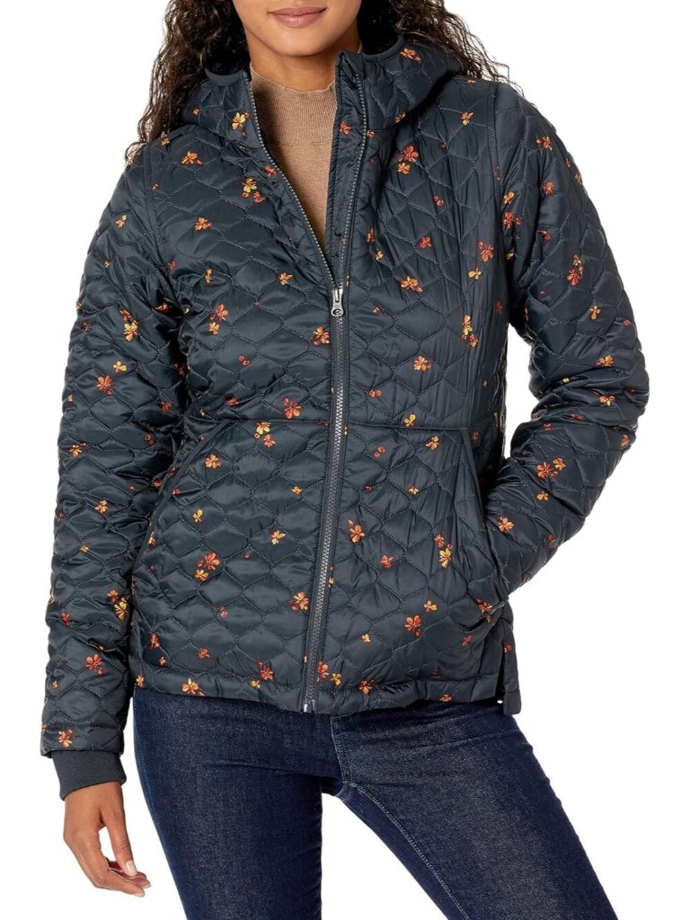 Women's Pink Floral Fleece Hooded  Faux-sherpa Lightweight Puffer Jacket